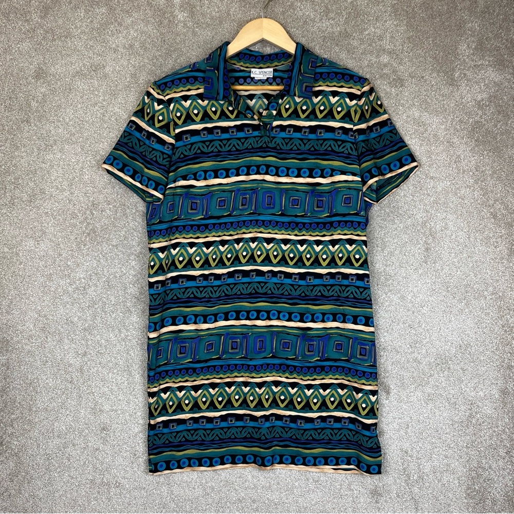 KC Spencer Vintage Dress Womens 14 Blue Green Short Sleeve Polyester 90s- 1472*